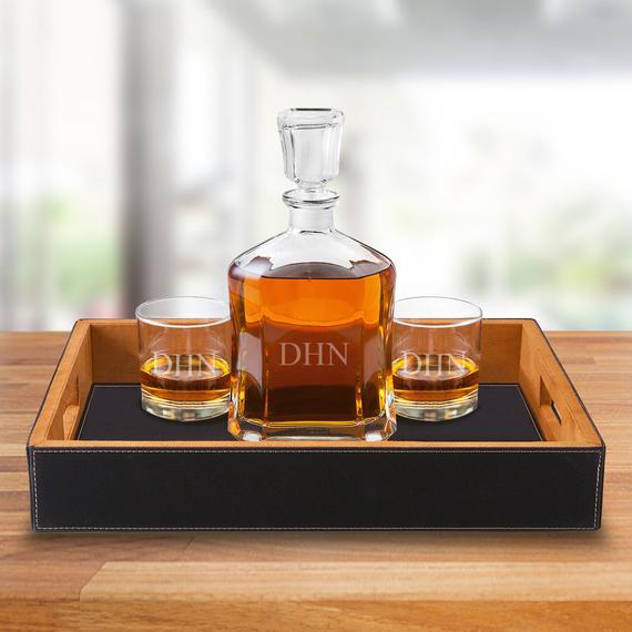 Personalized Black Serving Tray with Decanter &amp; Set of 2 Lowball